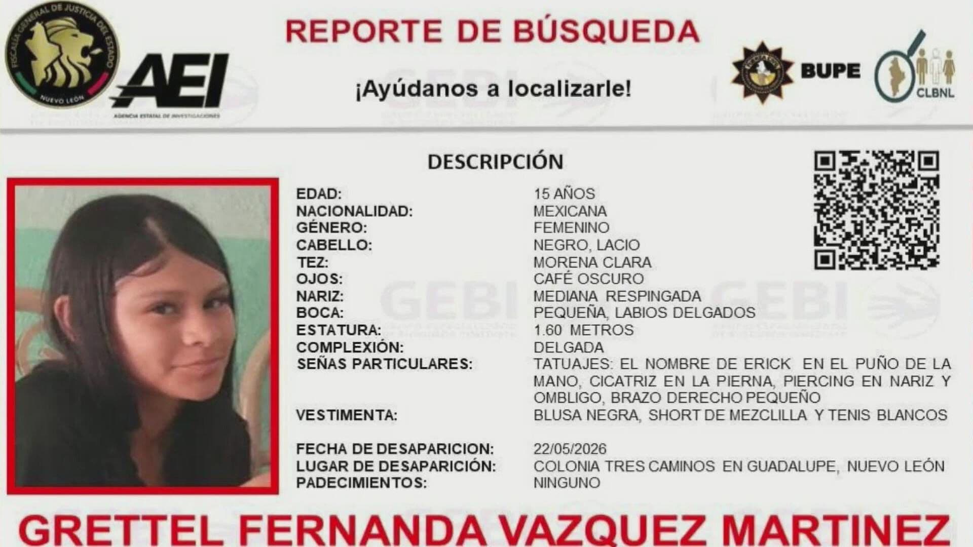 Buscan a Menor Desaparecida en Colonia Tres Caminos en Guadalupe, Nuevo León