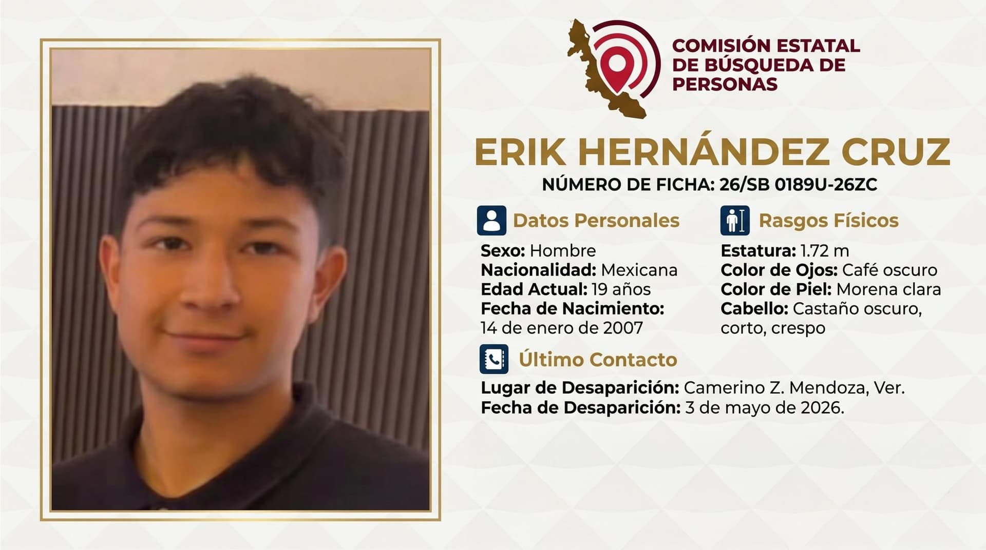 Erik Hernández desapareció tras salir de trabajar en Orizaba