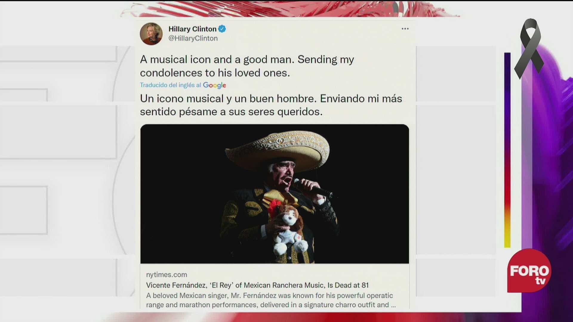 Hillary Clinton envía condolencia a familia de Vicente Fernández